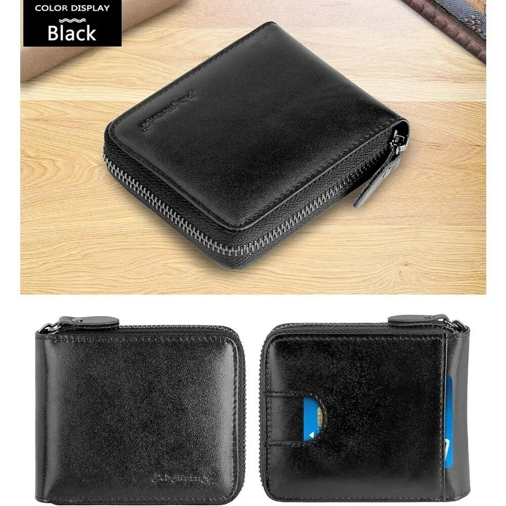 Men's Genuine Leather Black-19 Short Zip Around Pockets Bifold Wallet Card